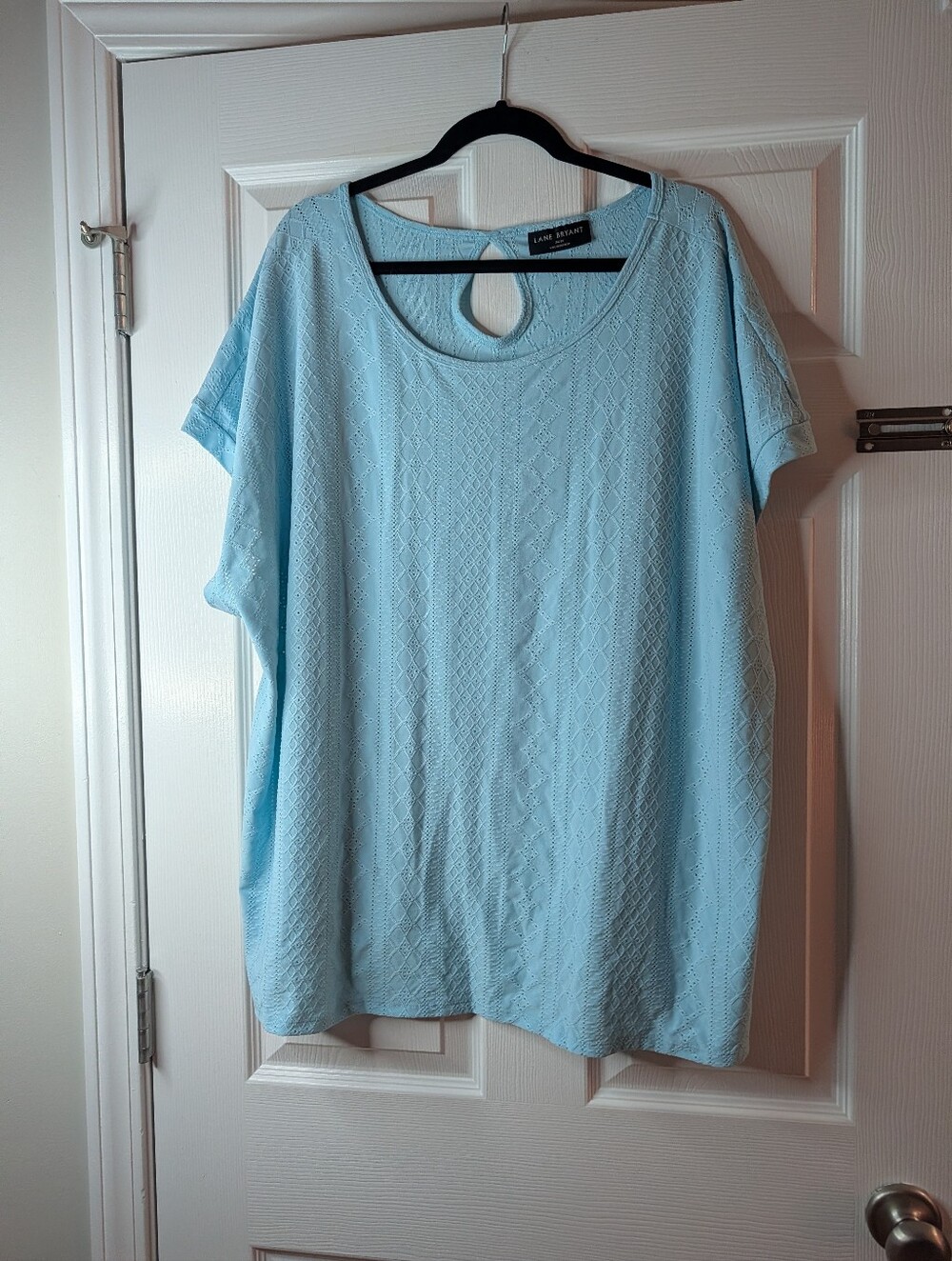 Lane Bryant 26/28 Blue Eyelet Textured Short Sleeve Keyhole Back Plus Size Top